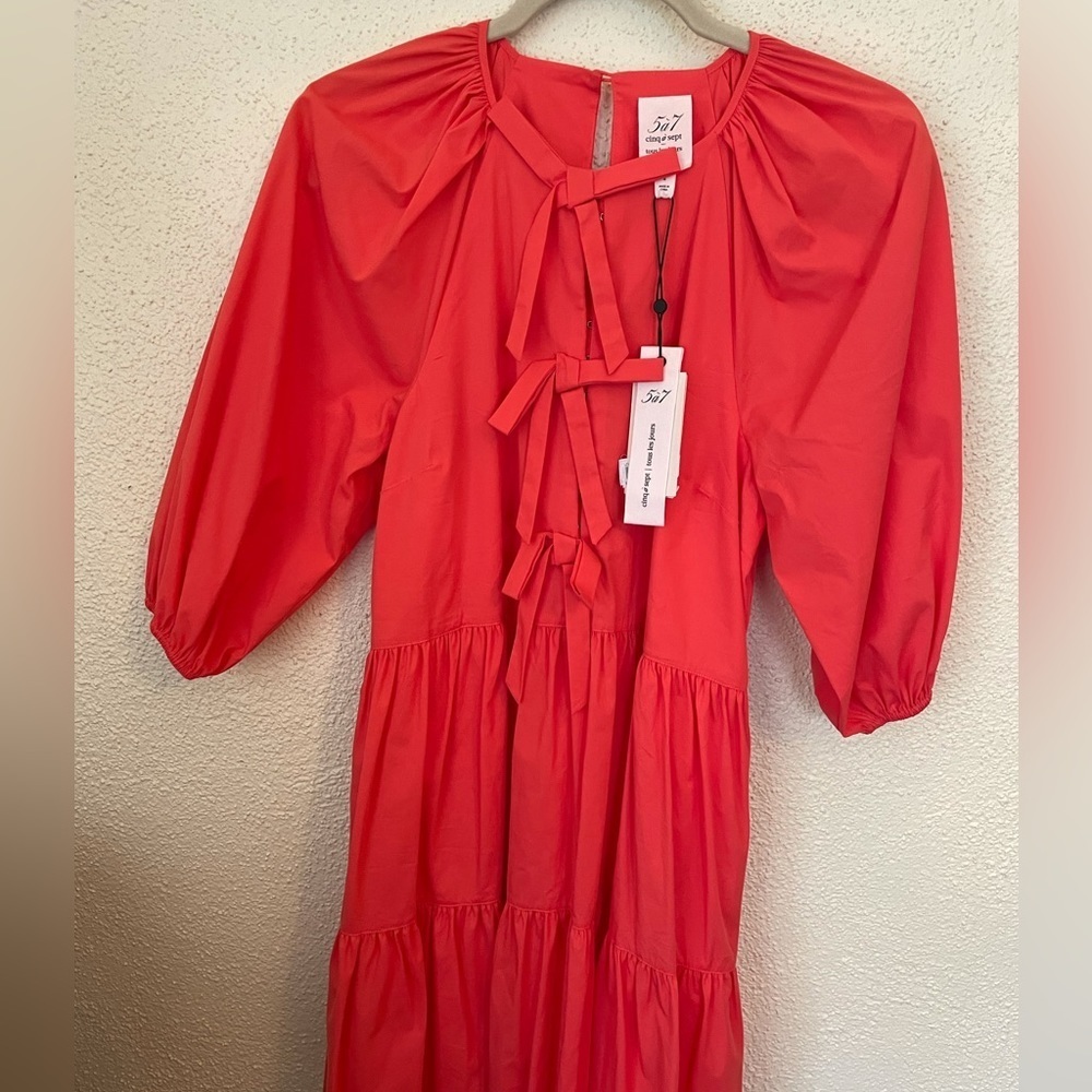 New Cinq a Sept Lynn Tiered Puff Sleeve Mini Dress in Neon Coral Orange | Size 4 - Picture 4 of 12